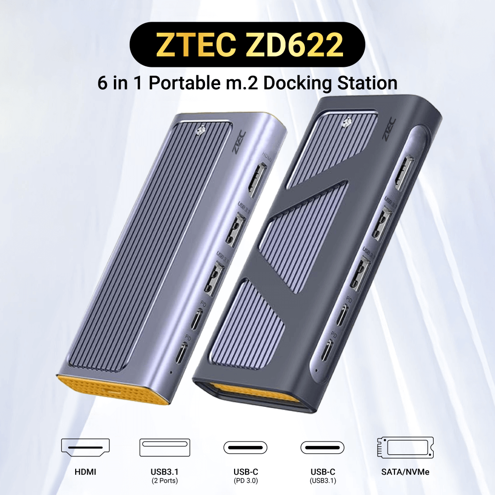 Portable M.2 (6in1) Docking Station ZTEC รุ่น ZD622 พอร์ต USB-C (ช่องการเชื่อมต่อ 6 ช่องในอุปกรณ์เดียว)_1